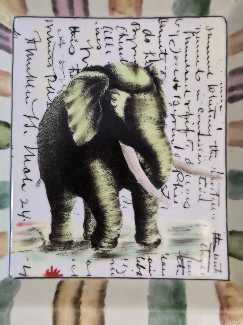 John Derian Hand-Painted Ceramic Elephant Desk Tray Catchall With Striped Border - Picture 2 of 9